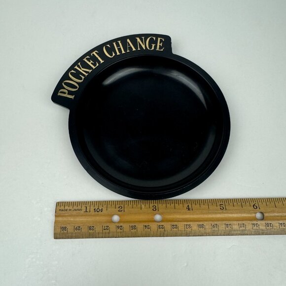 Vintage Black Plastic Round Pocket Change Collect Dish Trinket Gold Accent READ - Picture 8 of 11